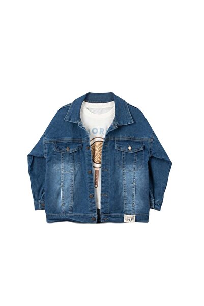 Necix's World Printed Sweatshirt Denim Coat Pants Set Ecru