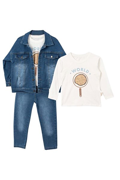 Necix's SET JACKET DENIM PANTALON T ȘIRTĂ IMPRIMATĂ WORLD Ecru