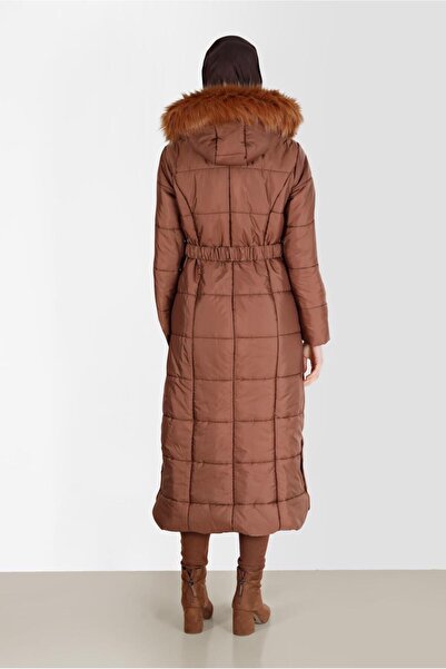 Alvina Hooded Fur Coat with Detailed Trim on the Sides 90213