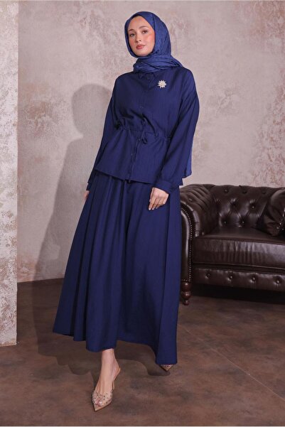 TRENDTESETTÜR Navy Blue Brooched Women's Skirt Set - t 9274