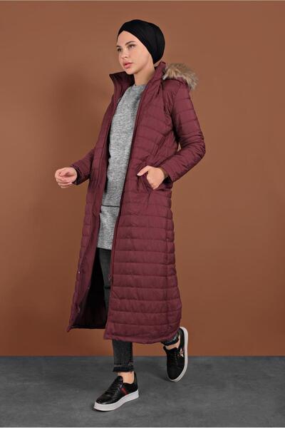 TRENDTESETTÜR Women's Burgundy Zippered Puffer Coat 3102