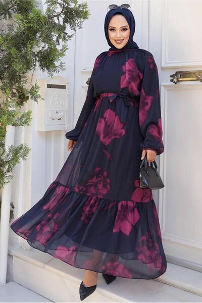 TRENDTESETTÜR KADIN LACİVERT (LACİ-FUŞYA) KUŞAKLI TESETTÜR ELBİSE T 4906-1
