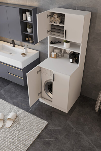 dekor fim DF03101B Çamaşır Makinesi Dolabı Üstü Çok Amaçlı 4 Kapaklı 4 Raflı Banyo Dolabı Depolama Alanı Beyaz