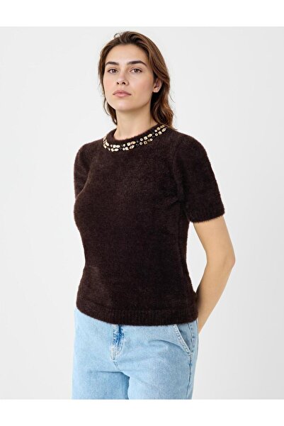 Jimmy Key Acı Kahve Düz Kesim Yuvarlak Yaka Triko Kazak