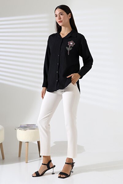 ribana Uzun Kollu Durres Dokulu Çiçek Detaylı Serin Kumaş Kadın Gömlek