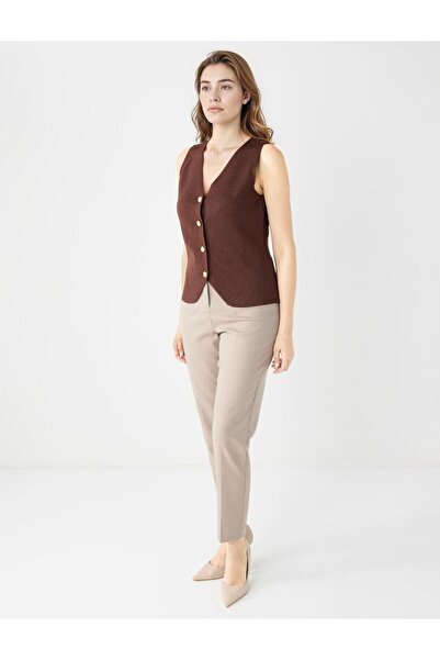 Jimmy Key Beige Melange Regular Leg High Waist Straight Cut Woven Trousers