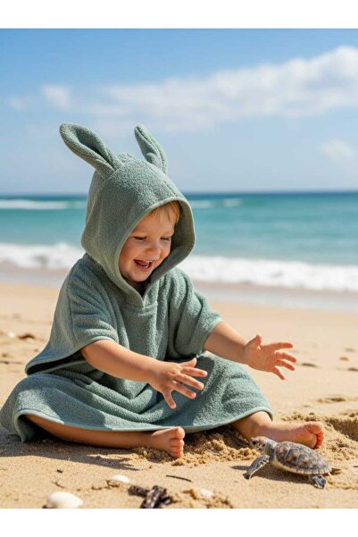 GÜRPAMUK HOME & BABY OUTLET İHRACAT %100pamuk Kız-Erkek Çocuk Deniz, Plaj, Havuz, Banyo Havlu Panço KULAKLI TAVŞAN/YEŞİL