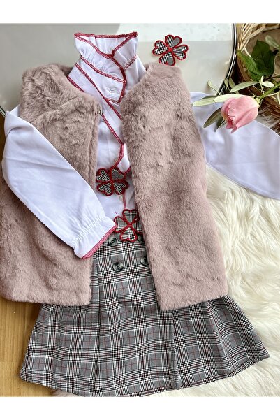 MELODY Claret Red Plaid Lilac Fur Children's Vest Set