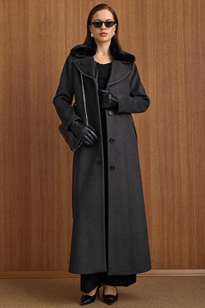 Olcay Removable Fur Leather Paneled Premium Fabric Coat Anthracite 3153