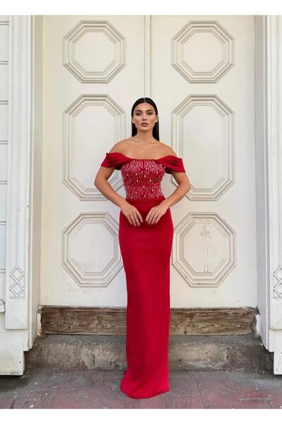 Modafeminen Sequined Long Evening Dress 583329 Red