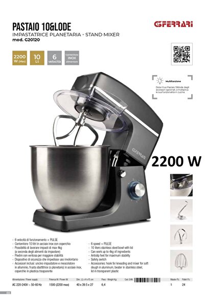 G3ferrari Mixer with stainless steel bowl Pastaio 10L 2200W