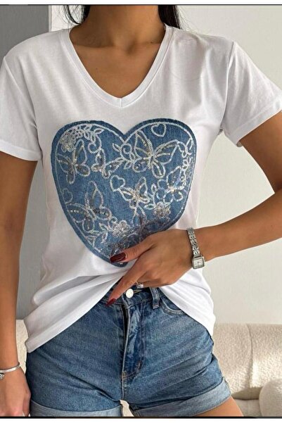 ribana Kalp Şekilli Nakış İşlemeli T-shirt