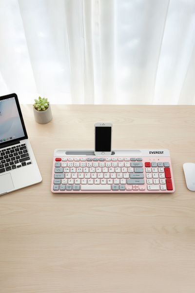 Everest RUBY Pembe/Beyaz/Gri 2.4G+BT1+BT2 Çoklu Cihaz Bağlantılı Q Klavye