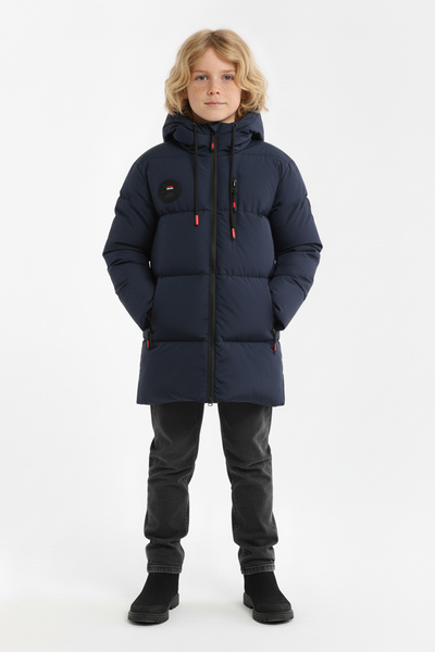 QAWWA Χειμερινό παλτό για αγόρι με κουκούλα Navy Blue Fiber με αντιανεμικό φουσκωτό