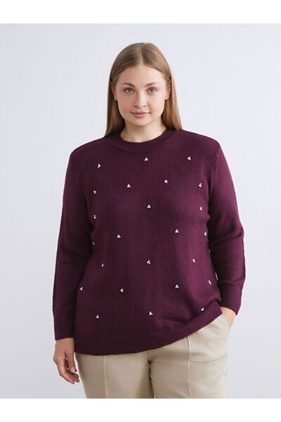 LC Waikiki Pulover de damă cu mărgele brodate cu gât roșu