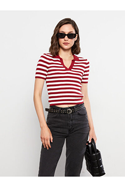 LC Waikiki Polo Neck Striped Short Sleeve Women's Knitwear Sweater