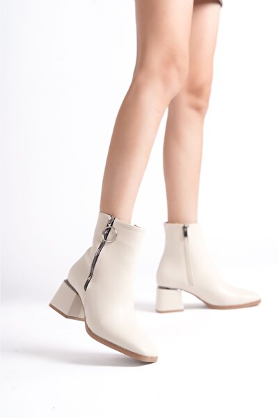 Limeo Короткі прості класичні чобітки - зі шкіряним виглядом, кремовою блискавкою, срібними деталями на каблуці