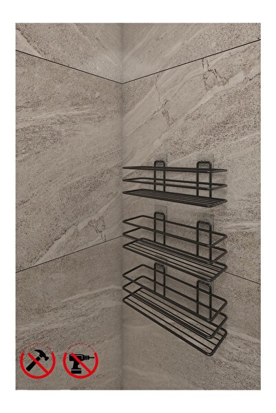 Egem Home Güçlü Yapışkanlı Kancalı 3 Adet 3 Katlı Banyo Mutfak Düzenleyici Rafı Mat Siyah