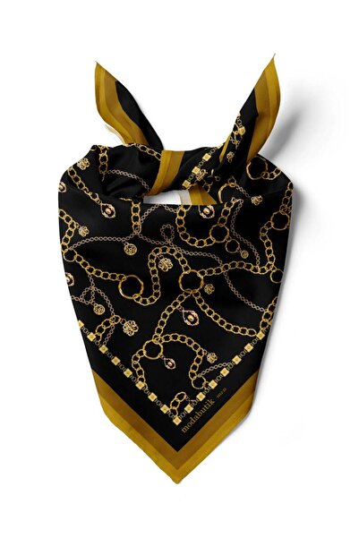 Modabutik H13 Kadın Siyah Sarı Zincir Desenli 50x50 Bandana