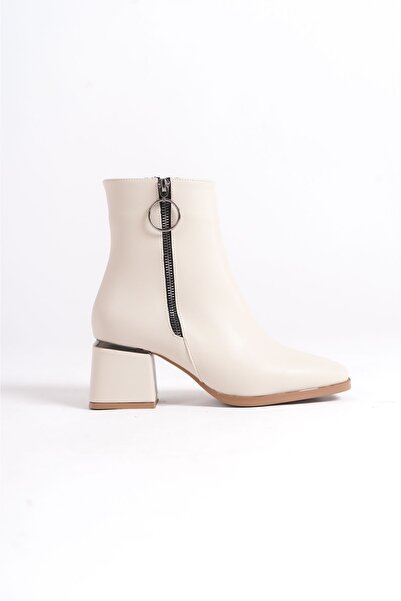 Limeo Deri Görünümlü Cilt Krem Fermuarlı Topukta Gümüş Detaylı Kısa Sade Klasik Bot Bootie