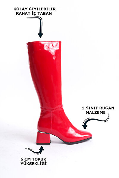 Limeo Lakkbőr piros sarkú fényes csizma - térd alatt, cipzáras, hosszú