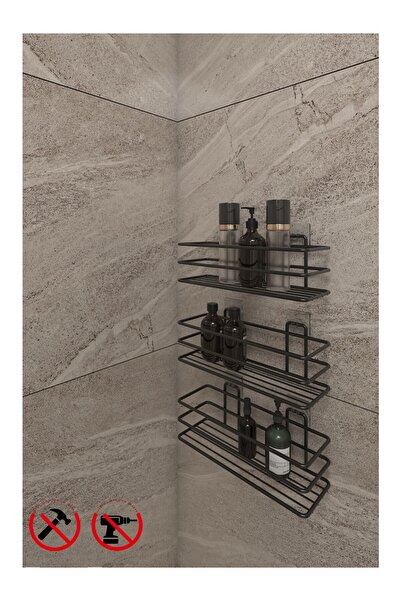 Egem Home Güçlü Yapışkanlı Kancalı 3 Adet 3 Katlı Banyo Mutfak Düzenleyici Rafı Mat Siyah