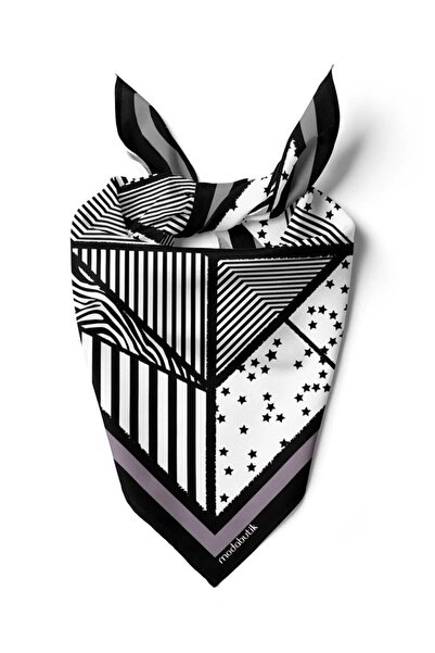 Modabutik Kadın Sİyah Beyaz Square Star Desenli 50x50 Bandana