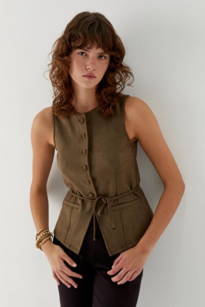 MARKALİSTE Σουέντ γιλέκο με λεπτομέρεια με κορδόνια χακί