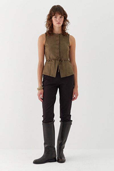 MARKALİSTE Σουέντ γιλέκο με λεπτομέρεια με κορδόνια χακί