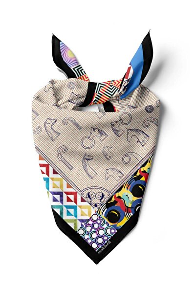 Modabutik Kadın Krem Mavi Satranç Desenli 50x50 Bandana