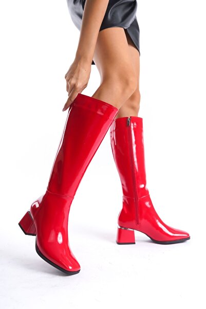 Limeo Lakkbőr piros sarkú fényes csizma - térd alatt, cipzáras, hosszú