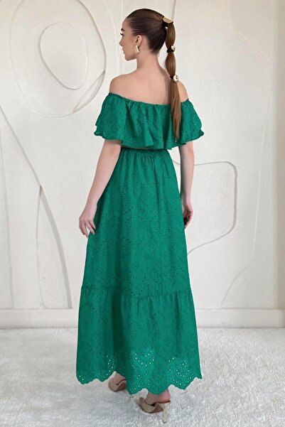 Elbee Fashion Woman Πράσινο φόρεμα ώμου Brode - Ελαστικό