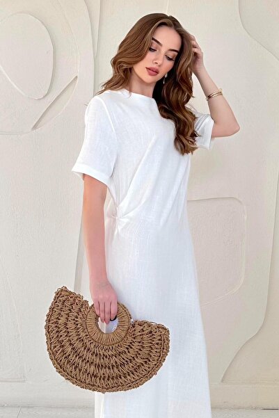 Elbee Fashion Woman White Pleated Crew Neck Dress