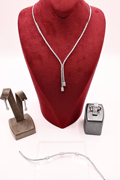 Luceven 925 Ayar Gümüş Su Yolu Baget Model İthal Zirkon Taşlı Kolye, Bileklik, Küpe, Yüzük Düğün Takı Seti