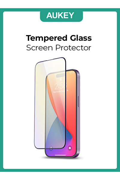 AUKEY واقي شاشة زجاجي مقوى فائق الوضوح، قطعتان، لهاتف iPhone 15 Pro شفاف