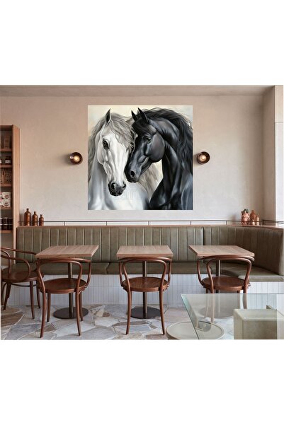 HDART Soyut Modern Atlar Yağlı Boya Görünümlü Efekti Dekoratif Siyah Beyaz At Kanvas Tablo Tablosu