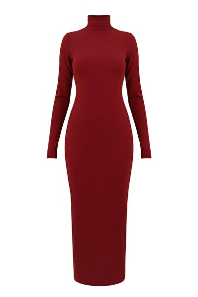 VAGGON Rochie de damă Bordeaux cu detaliu pe degete, cu gât roșu, lungime midi Vs01470
