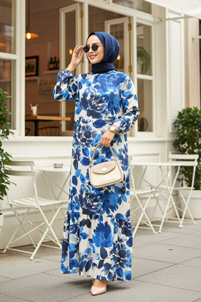 Neva Style Ναυτικό Μπλε Μοτίβο Χιτζάμπ Φόρεμα - 15729L