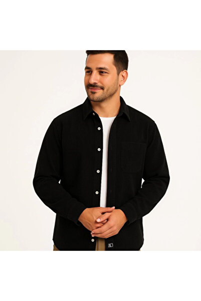 Butik Men's Corded Fabric Velvet Pocket Shirt Oversized Comfortable Fit - Black