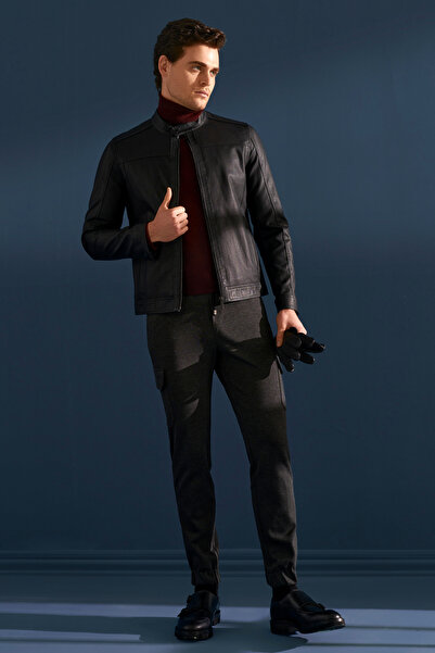 Pierre Cardin Cedric Biker Tarzi Deri Dokuma , Regular Fit, Erkek Suni Deri Mont