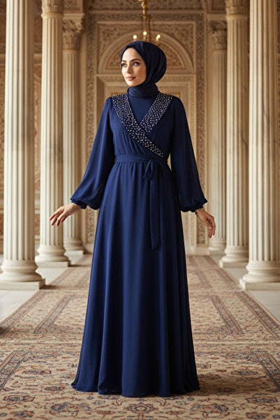 Neva Style Βραδινό φόρεμα με χάντρες Navy Blue Hijab 22153l