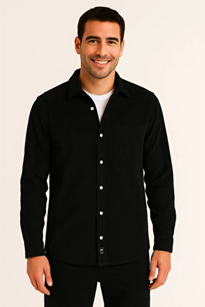 Butik Men's Corded Fabric Velvet Pocket Shirt Oversized Comfortable Fit - Black