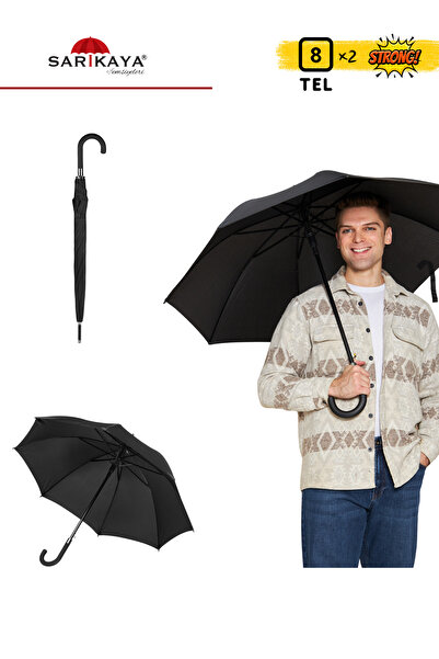 Sarıkaya Şemsiye Siyah (8 + Çift) Telli Kırılmaz Baston Şemsiye