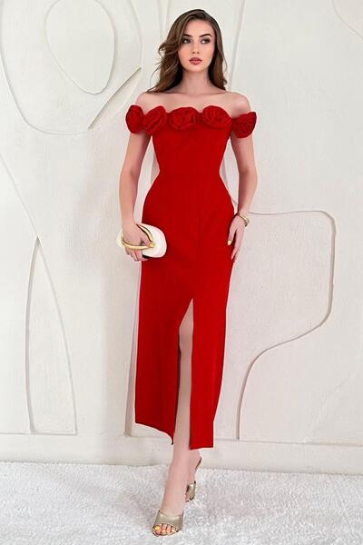 Elbee Fashion Woman فستان وردي بياقة مادونا حمراء