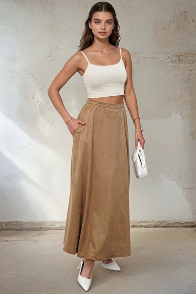 VAGGON Double Pocket Elastic Waist Midi Skirt