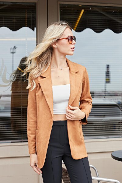 Jument Κομψό μπλέιζερ με κουμπιά με λεπτομέρεια από ύφασμα σουέτ-καμέλ