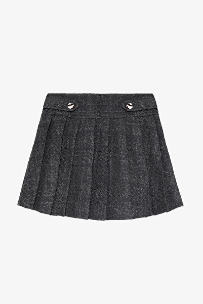 Quzu Button Detailed Pleated Tweed Mini Skirt Anthracite