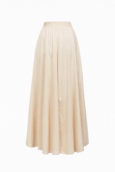 VAGGON Women's Cream Double Pocket Elastic Waist Midi Skirt Vs01467