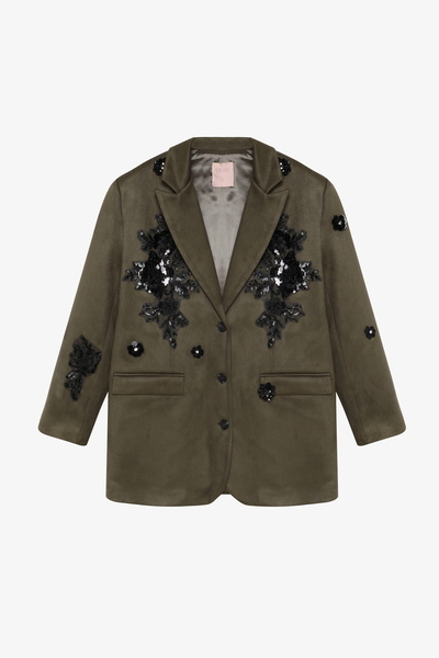 Quzu Δαντελένιο σουέτ μπλέιζερ με απλικέ χακί