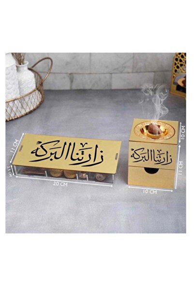 Story of candle Incense burner with a box for storing incense and for the incense itself, bearing the phrase "Blessings have visited us," Maroki oud, Vietnamese oud chips, lighter, and charcoal.